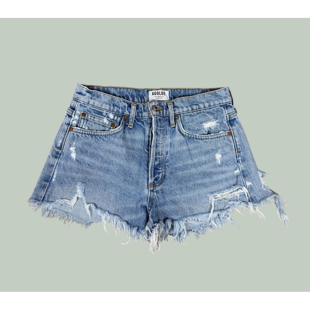 AGOLDE Parker Shorts Womens 25‎ Light Blue Distressed Denim Cut Off Button Fly